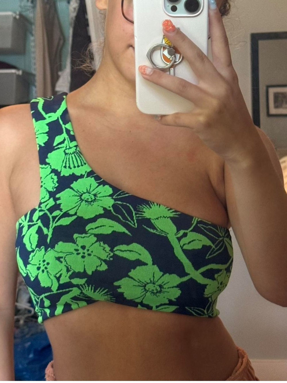 Zara One Shoulder Green Floral Crop Top NWT Small Tropical Resort Party